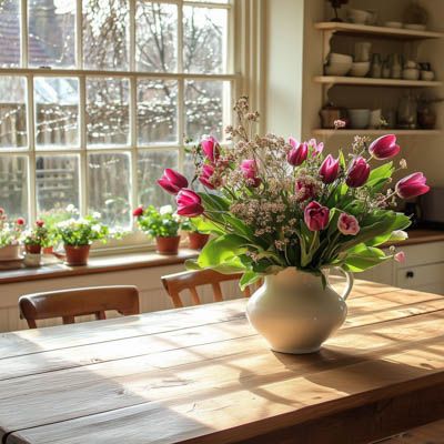 Des tulipes colorées sur une table de cuisine moderne pour une ambiance printanière chaleureuse.